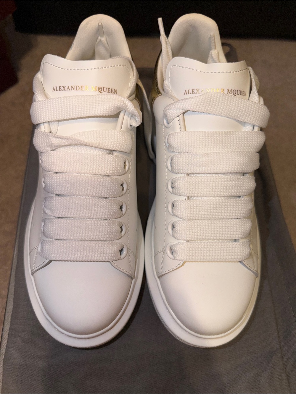 Alexander McQueen White Leather Oversized Sneakers with Gold Logo